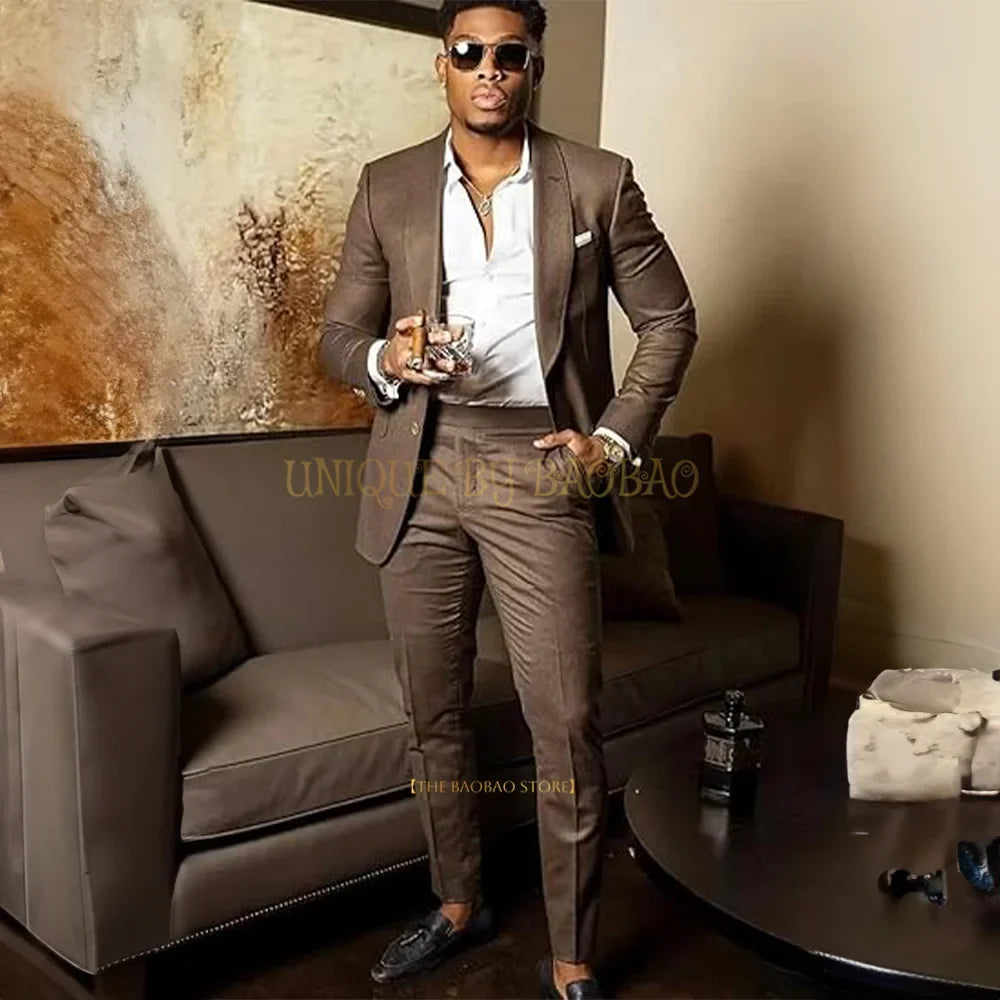 Men's Brown 2 Piece Suit - Shawl Collar Single Breasted Tuxedo Blazer & Pants Set For Wedding, Business & Formal Events