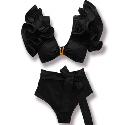 Sporlike V-Neck Ruffled Bikini Set – High Waist Sexy Printed Two-Piece Swimsuit for Women 2025