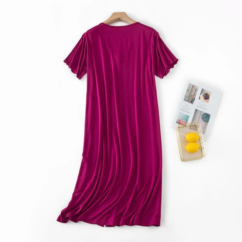Women’s Modal Short-Sleeve Night Dress – Mid-Length Cotton Sleep Top with Buttons, Plus Size Pajamas