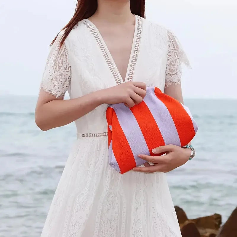 Women’s Summer Woven Crochet Clutch Bag – Ruched Cloud Dumpling Handbag, Colorblock Knit Beach Purse for Casual Use