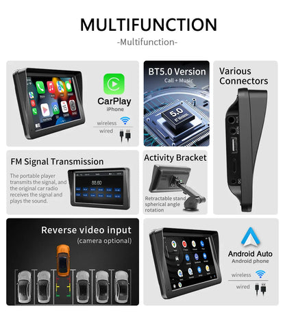 BQCC 7-inch Car Radio Multimedia Player – Wireless CarPlay & Android Auto, Touch Screen with Sun Visor (5300)