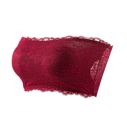 Plus-Size Women Floral Lace Strapless Bra with Elastic Chest Strap, Summer Invisible Shoulder Strap Wrap Tube Top