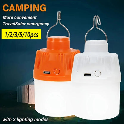 Portable LED Camping Light Bulb USB Rechargeable – 1/2/3/5/10PCS Outdoor Hanging Lamp with 3 Lighting Modes (White/Orange)