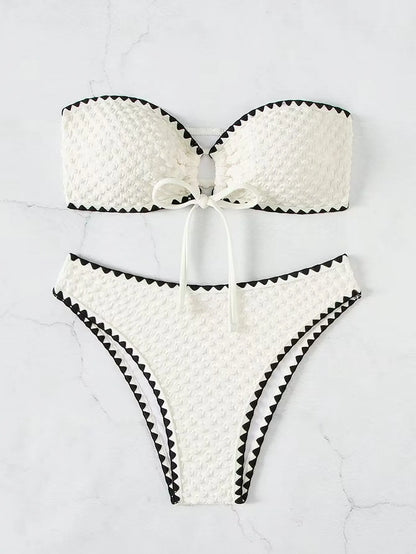 White 2-Piece Strapless Swimwear – Sexy Bandeau Backless Lace-Up Patchwork Bikini Set for Women, 2025 New