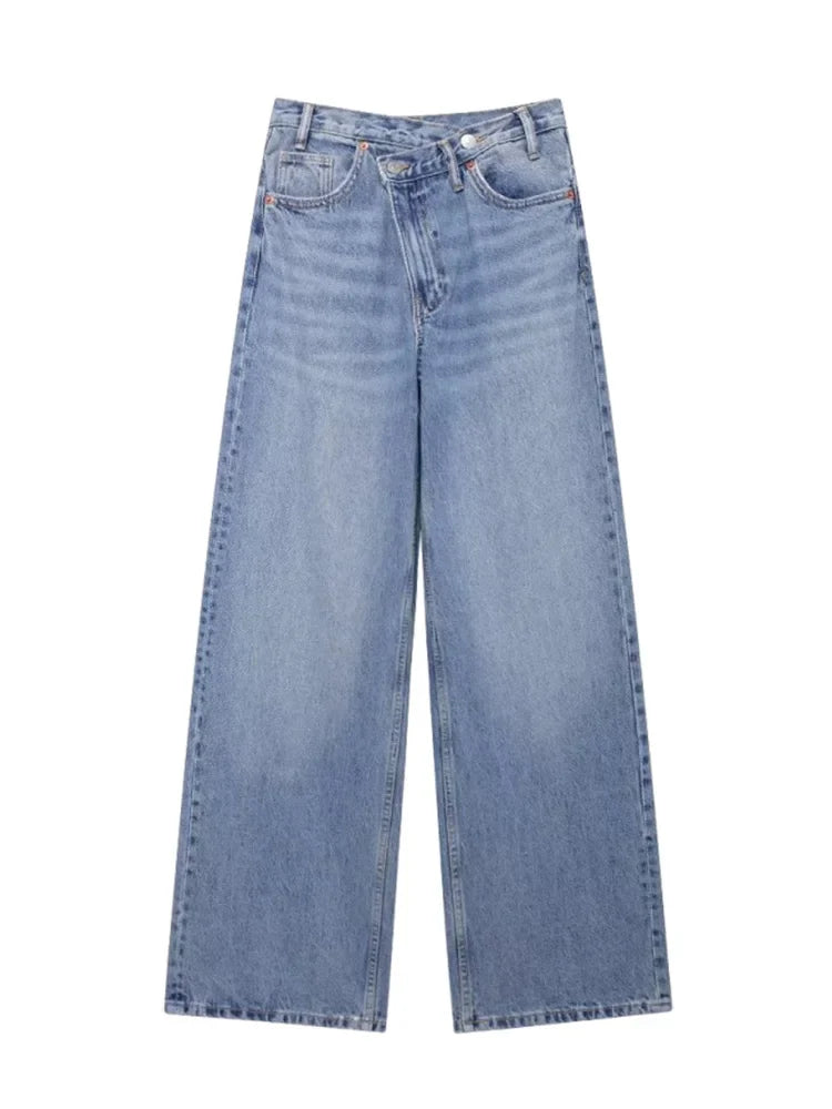 TRAF Women’s Basic Hundred Jeans — High Waist Asymmetric Wide-Leg Trousers, Casual Straight-Leg Fashion Jeans