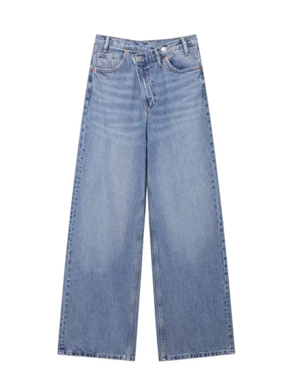 TRAF Women’s Basic Hundred Jeans — High Waist Asymmetric Wide-Leg Trousers, Casual Straight-Leg Fashion Jeans