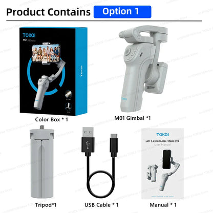 TOKQI M01 3-Axis Handheld Gimbal Stabilizer – Anti-Shake Foldable Holder, Selfie Tripod with Fill Light for iPhone & Smartphones