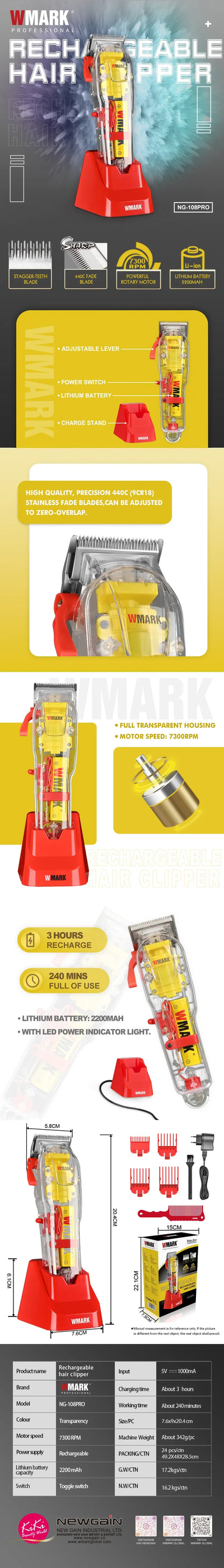 WMARK NG-108PRO Rechargeable Hair Clippers – 7300RPM Transparent Cover Trimmer with Red Base