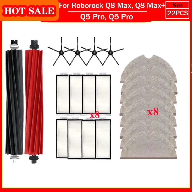 Roborock Q5 Pro & Q8 Max Replacement Parts – Main Brush, Side Brush, HEPA Filter, Mop & Dust Bag Accessories
