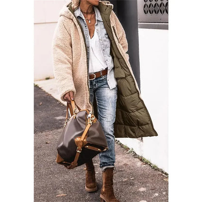 Women's Winter Hooded Quilted Jacket – Reversible Solid Puffer Coat, Thick Long Sleeve Casual Outerwear