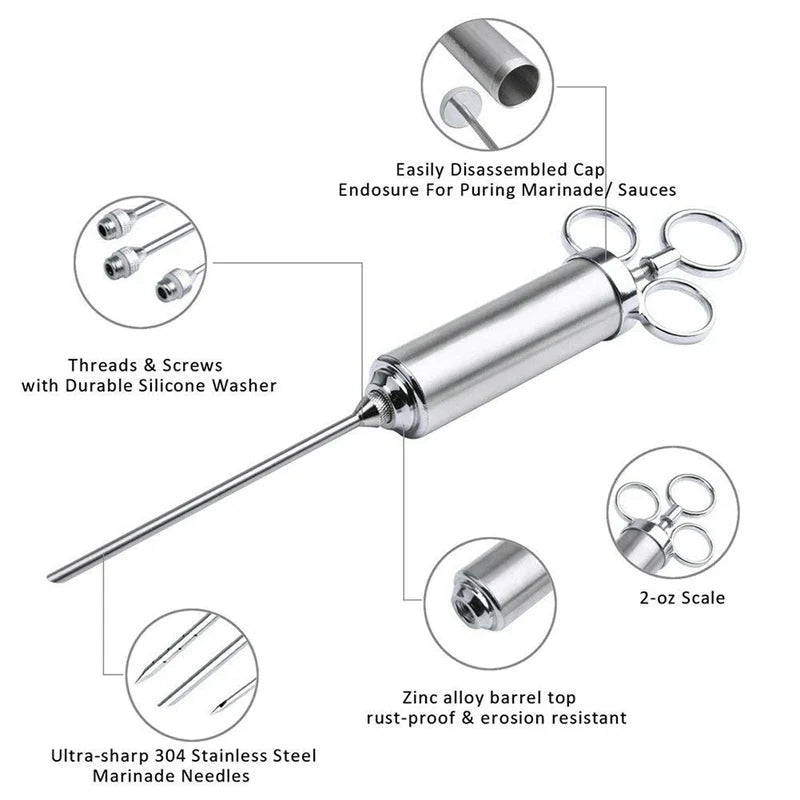 Marinade Meat Seasoning Injector Kit - Stainless Steel Turkey Meat Injectors with 3 Needles - Cooking Syringe for Flavorful Meals