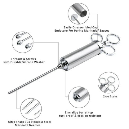 Marinade Meat Seasoning Injector Kit - Stainless Steel Turkey Meat Injectors with 3 Needles - Cooking Syringe for Flavorful Meals