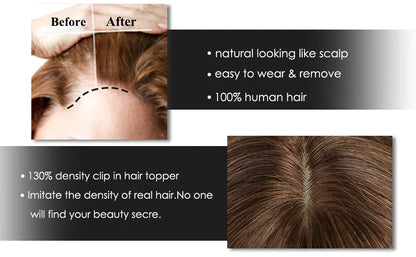 Brown Blonde Ombre Human Hair Toppers for Women – 10/12/14 Inches with Silk Base, Clips, and Bangs