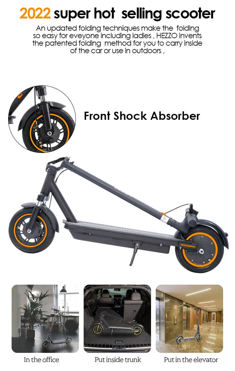 HEZZO G30 36V 500W Electric Scooter — 21MPH, 37.5-Mile Range, 10" Wheels, 15Ah Foldable Escooter with Front Suspension