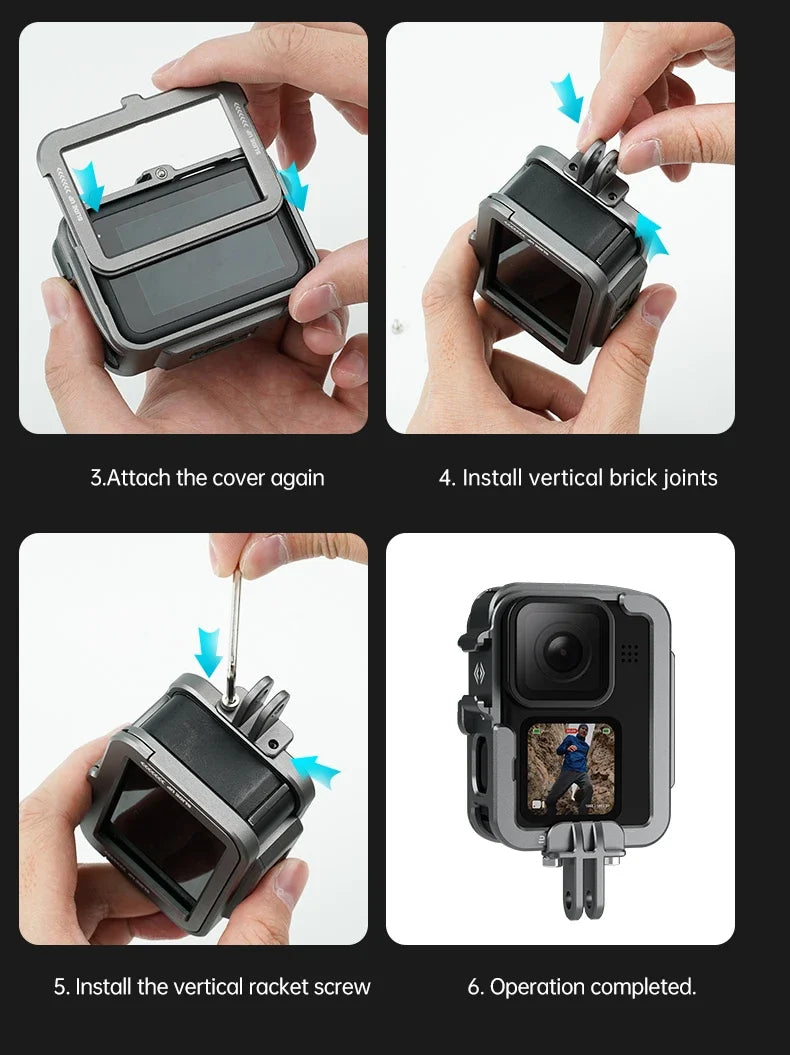 TELESIN Aluminum Alloy Cage for GoPro Hero 12/11/10/9 – Vlog Frame Case with Cold Shoe Mount & Protective Housing