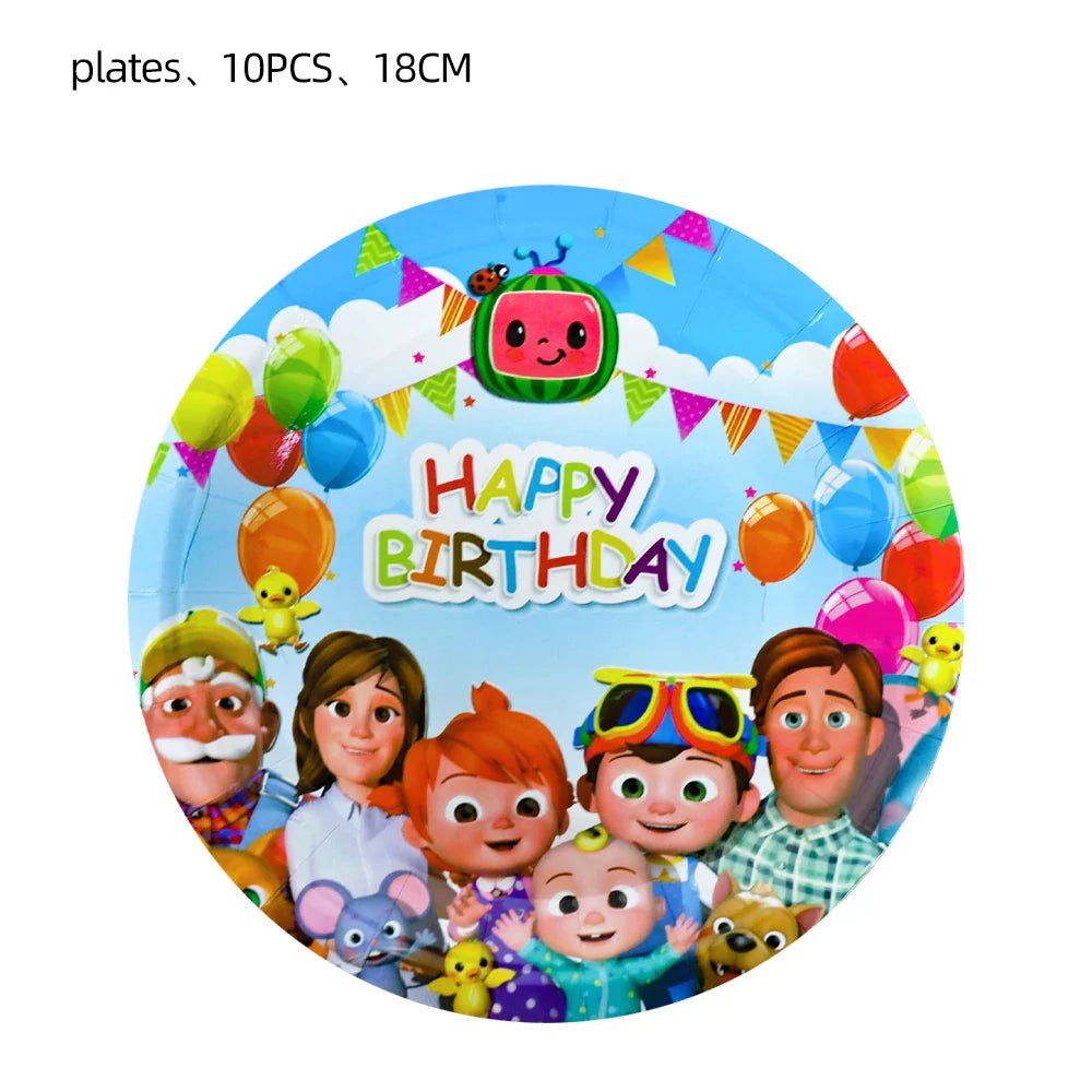 Cartoon JJ Melon Birthday Party Decorations Set – Disposable Tableware, Cups, Plates, Tablecloth, Balloons & Cake Topper for Kids & Baby Shower