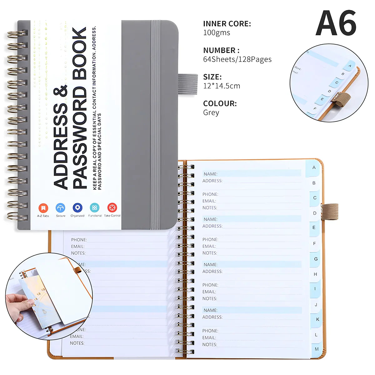 A6 Password Book with PP Coil – English Address & Password Organizer, Thick Horizontal Notebook for Office Use
