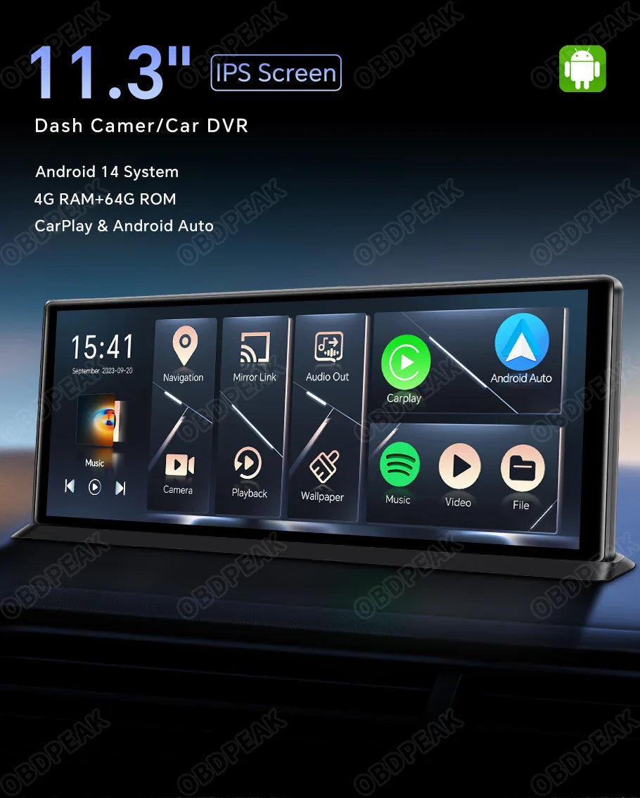 K60 Pro 11.3" Dash Cam — Android 14 AI Screen with 4G+64G, WiFi, GPS, CarPlay & Android Auto Rearview Mirror Recorder