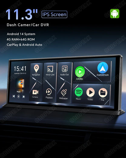 K60 Pro 11.3" Dash Cam — Android 14 AI Screen with 4G+64G, WiFi, GPS, CarPlay & Android Auto Rearview Mirror Recorder
