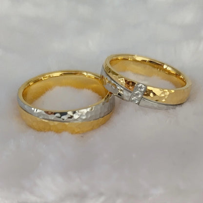 Hammered Couple Wedding Rings - 14K Gold-Plated Titanium Rings for Men & Women