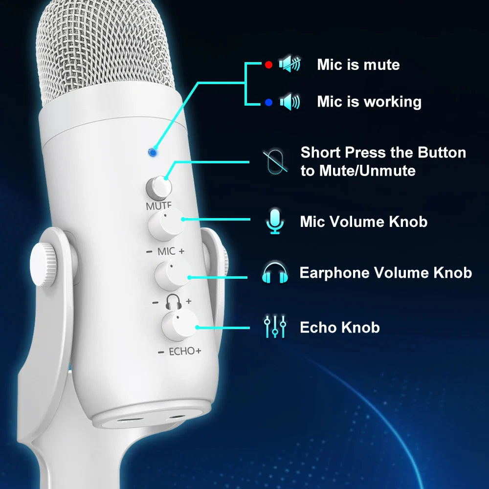 Haomuren Professional USB Condenser Microphone – White Studio Recording Mic for PC, Phone & Streaming