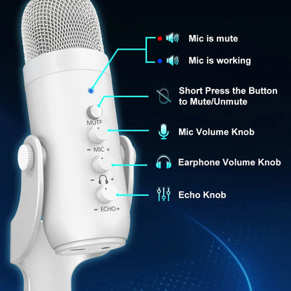 Haomuren Professional USB Condenser Microphone – White Studio Recording Mic for PC, Phone & Streaming