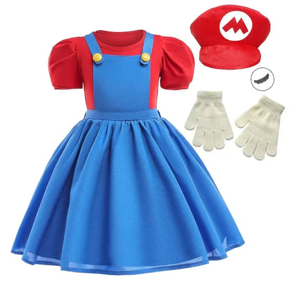 Girls Super Bros Cosplay Dress Set - Puff Sleeve Halloween & Birthday Party Costume
