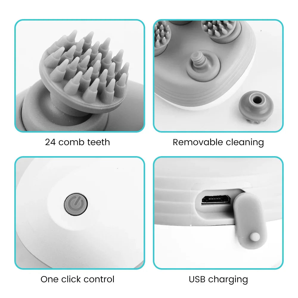 Electric Head Scalp Massager — 4 Kneading Heads for Hair Growth, Deep Tissue Relaxation & Pet Use