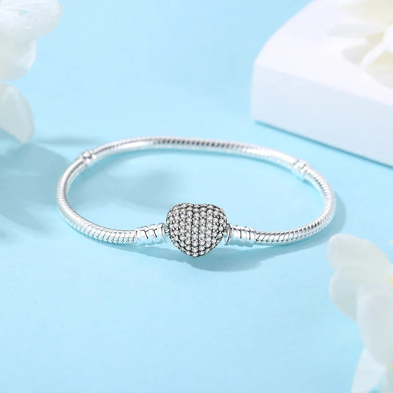 925 Sterling Silver Love Heart Charm Bracelet – Rose Gold Snake Chain Bangle for Women | DIY Luxury Bead Jewelry Accessories
