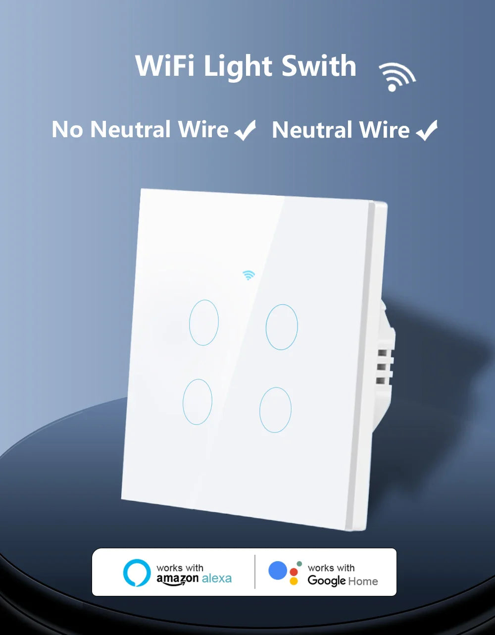 Tuya WiFi Smart Touch Light Switch - Wireless LED Control, No Neutral Wire Required, 1-4 Gang, Compatible with Alexa and Google Home