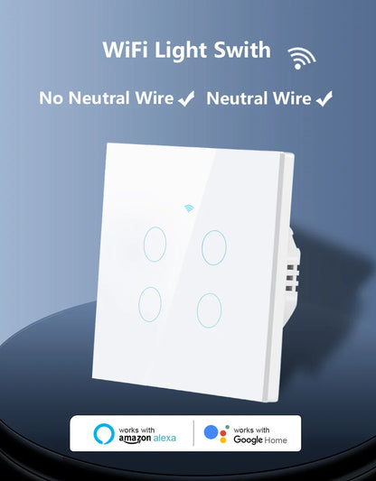 Tuya WiFi Smart Touch Light Switch - Wireless LED Control, No Neutral Wire Required, 1-4 Gang, Compatible with Alexa and Google Home