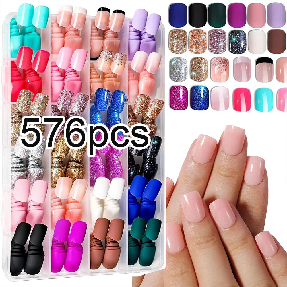 576PCS Colorful Press-On Fake Nails Set – Black & Red Oval/Square Short Full Cover Nail Tips for Salon-Style Nail Art