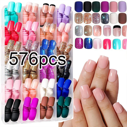576PCS Colorful Press-On Fake Nails Set – Black & Red Oval/Square Short Full Cover Nail Tips for Salon-Style Nail Art