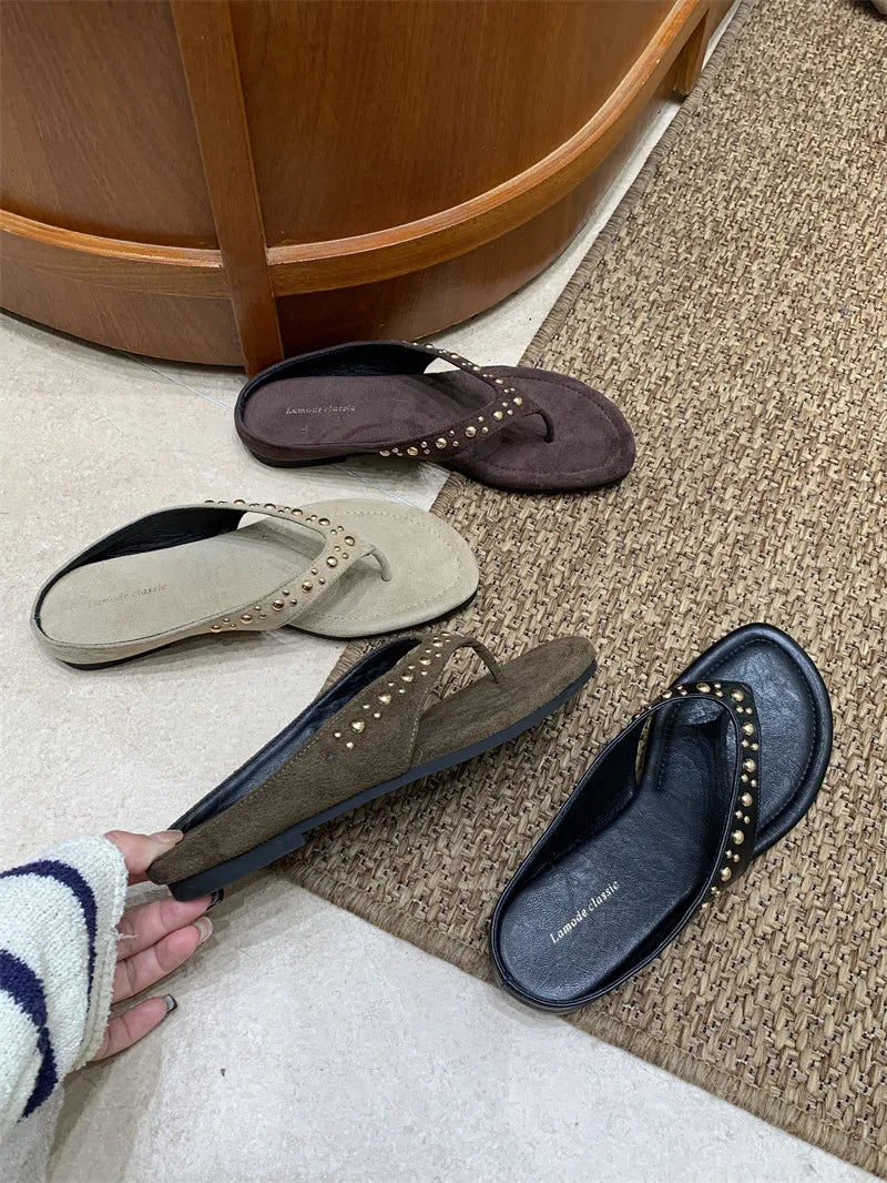 Women’s Studded Flip Flops - Suede Thong Sandals with Rivets for Casual Summer Beach Wear
