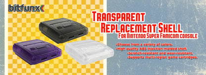 Bitfunx SNES Replacement Shell – Transparent Black Case for Nintendo SNES SFC US Version Retro Gaming Console