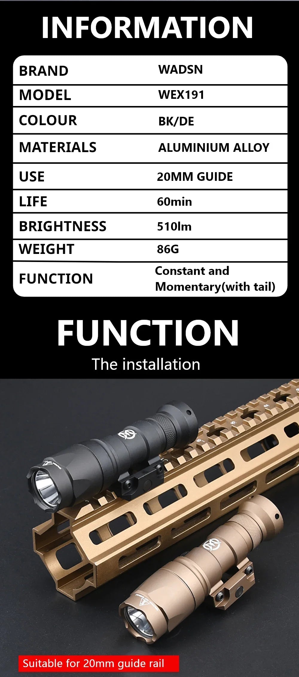 WADSN Surefire M300A Tactical Flashlight - Mini Weapon Scout LED Light, 20MM Rail Mount, Momentary & Constant-On Mode