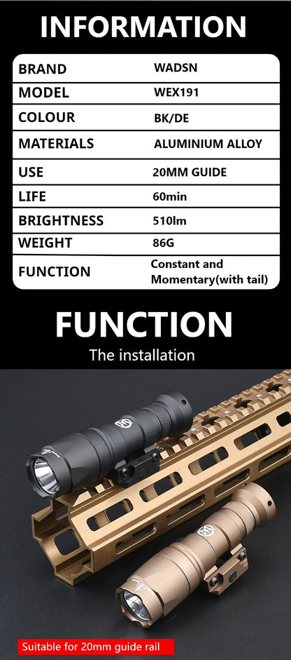WADSN Surefire M300A Tactical Flashlight - Mini Weapon Scout LED Light, 20MM Rail Mount, Momentary & Constant-On Mode