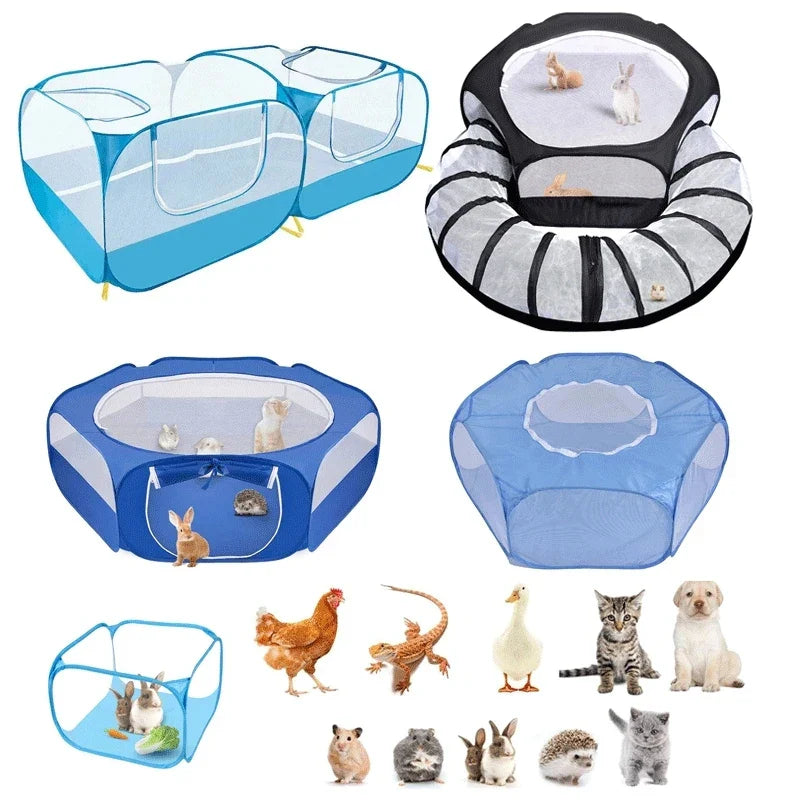 Portable Small Animal Playpen - Foldable Pet Cage with Transparent Mesh for Cats & Chickens