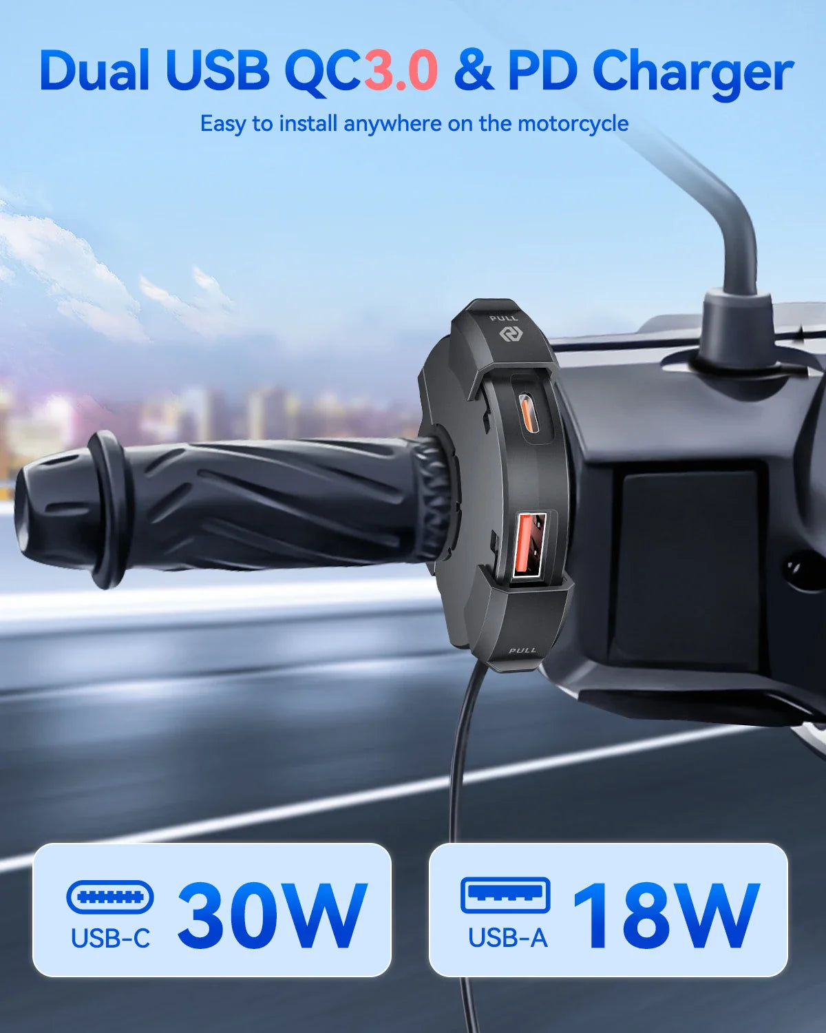 Extractme QC3.0 30W USB Fast Charger – Waterproof Motorcycle Handlebar Mount for Bikes & Cameras