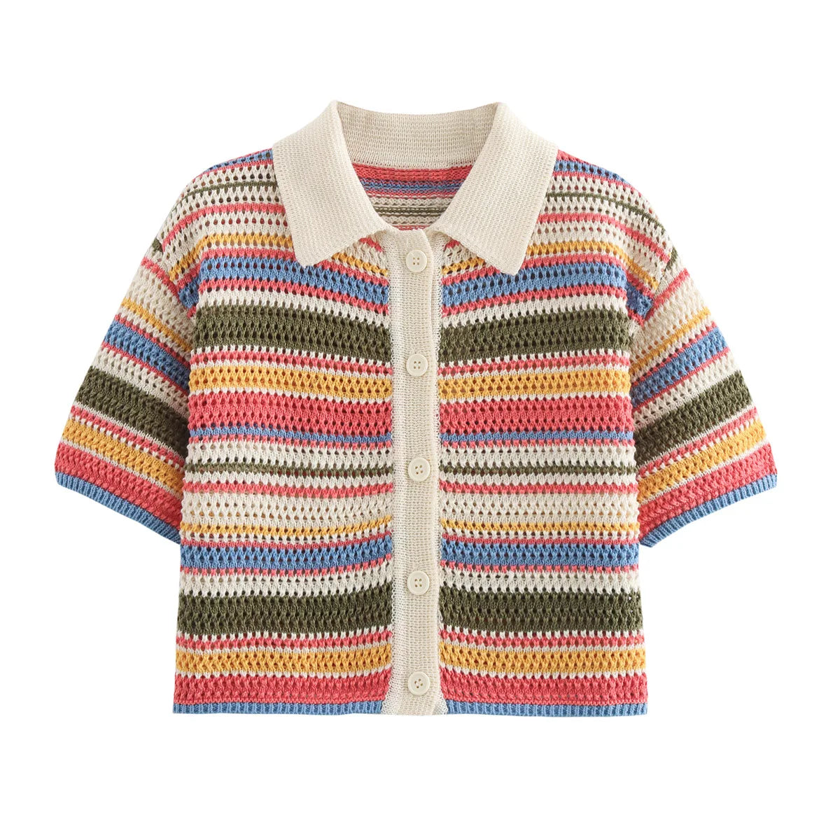 Women Y2K Patchwork Striped Crochet Knit Crop Sweater & Shorts Set – Hollow Out Short Sleeve Polo Collar Outfit