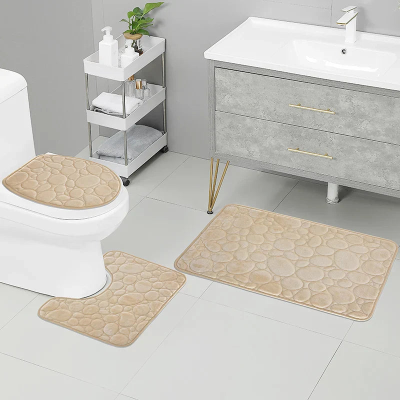 Solid Color Simple Bathroom Mat Set - Water-Absorbing, Non-Slip Stone Pattern, Comfortable & Soft (3PC)