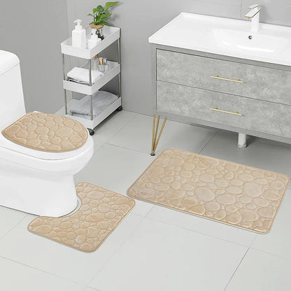 Solid Color Bathroom Floor Mat Set – Water-Absorbing, Non-Slip Stone Pattern, Comfortable & Soft 3-Piece Set