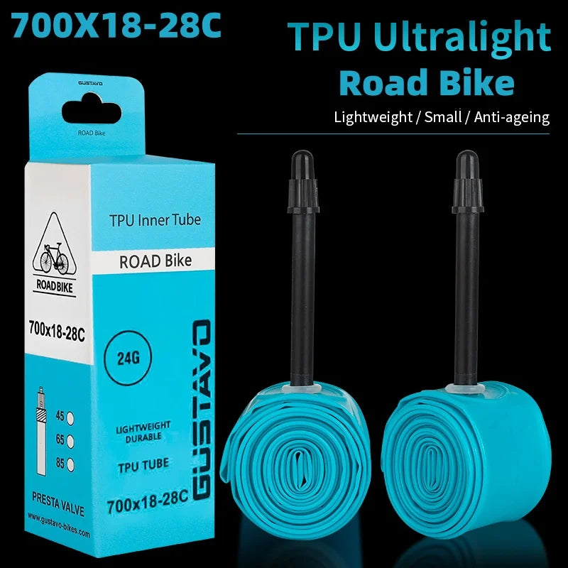 GUSTAVO Ultralight TPU Road Bike Inner Tube – 700x18-28C with 45/65/85mm Valve, 24g