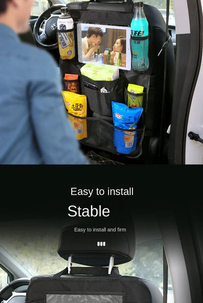 Car Backseat Organizer with Touch Screen Tablet Holder - Auto Storage Pockets & Seat Protectors