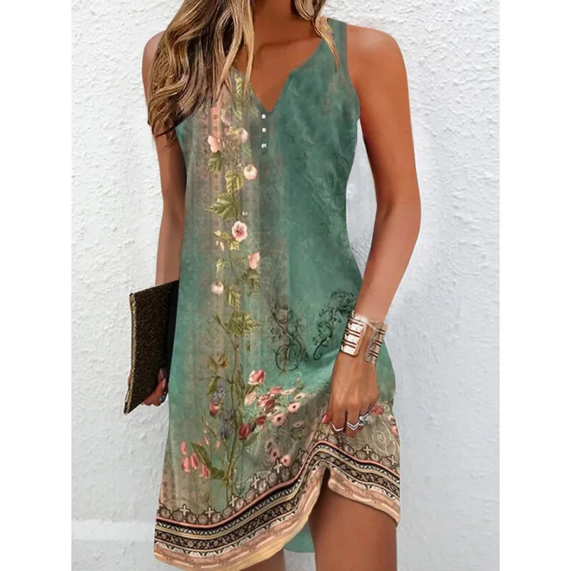 2023 Women's Summer Boho Mini Dress – Vintage Floral Print, V-Neck, Sleeveless Button, Plus Size Vestidos