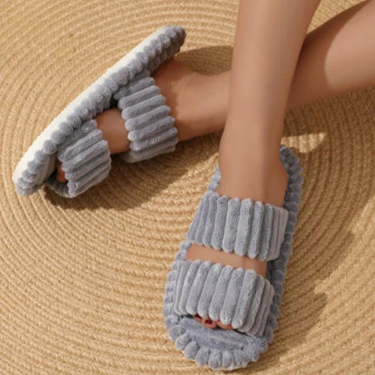 Women’s Corduroy Fuzzy Home Slippers – Lightweight Open Toe Non-Slip Plush Indoor Floor Slides for Autumn & Winter