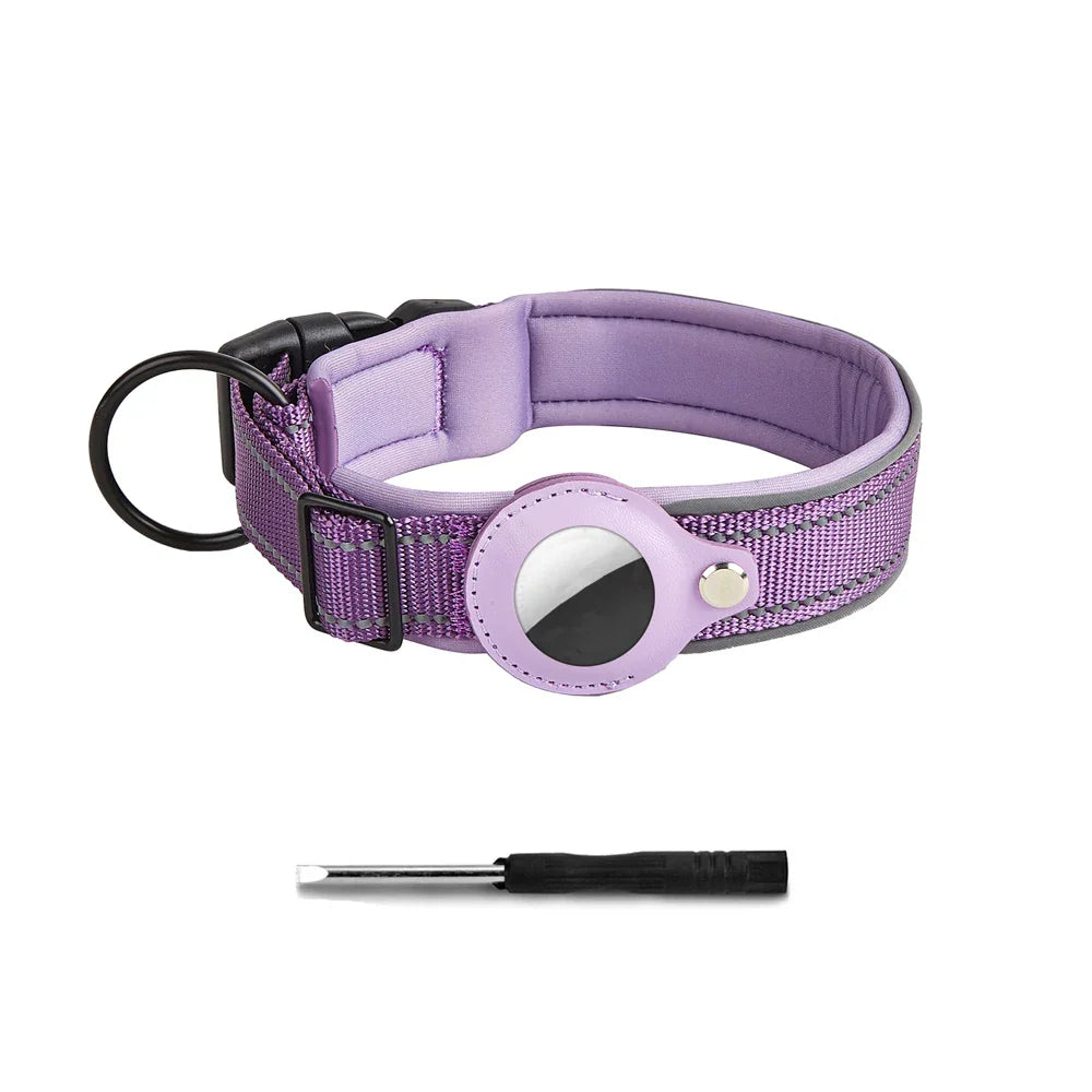 Reflective Heavy-Duty Dog Collar with Adjustable AirTag Holder — For Small, Medium & Large Dogs