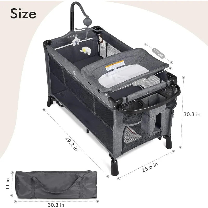 5-in-1 Baby Bassinet – Bedside Crib & Playpen with Diaper Changer and Removable Rocker, Pack and Play Convertible Baby Bed