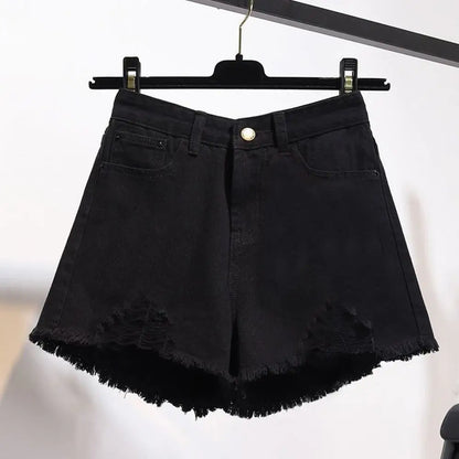 Summer Women’s Korean High Waist Cowboy Denim Shorts — Casual White Jeans with Pockets, Tassels & Ripped Holes Y2K Style