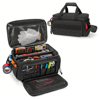 Heavy Duty High Capacity Tool Storage Bag – Water Resistant Organizer Case with Padded Base & Comfortable Handle for Easy Carrying, Black Tool Bag